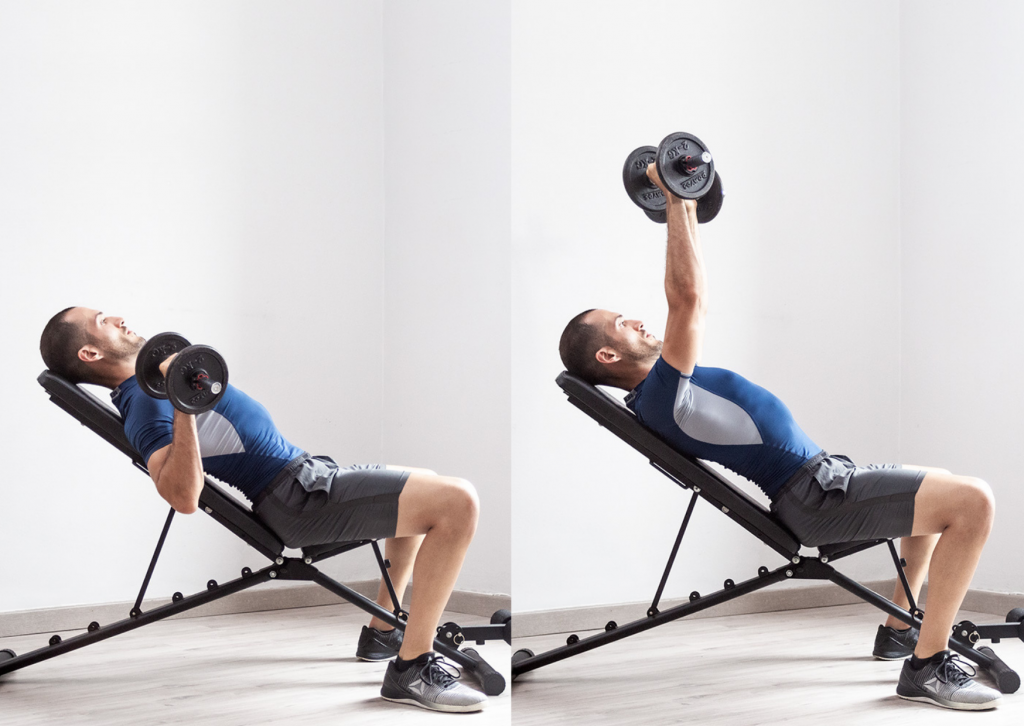 Press inclinado mancuernas, progresar flexiones, fit and friends
